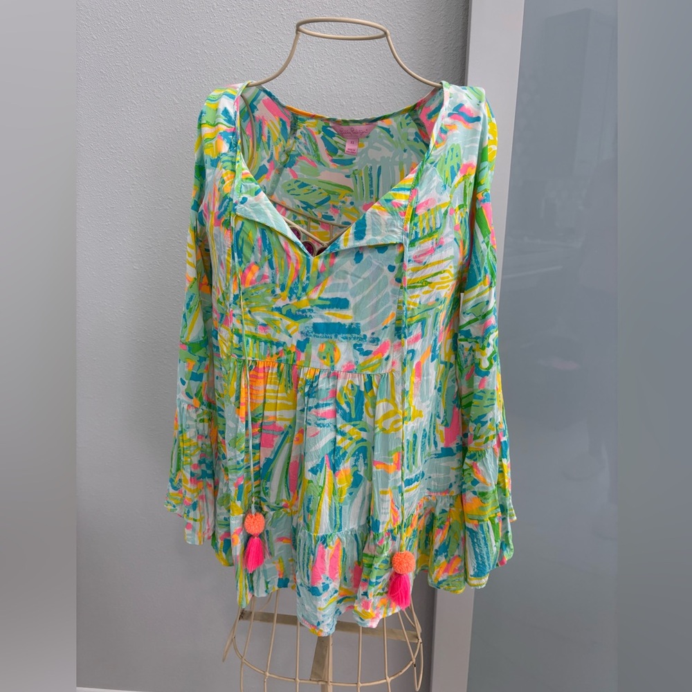 Lilly Pulitzer Linzy Tunic Sea Salt and Sand with Bell Sleeves Size XXS